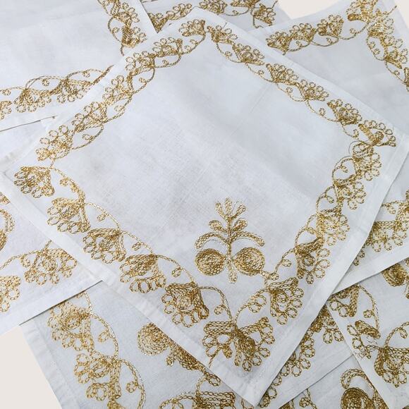 Unbranded Other - 12 White Embroidered Cloth Napkins Gold Thread Floral Vine Formal Table 12" SQ